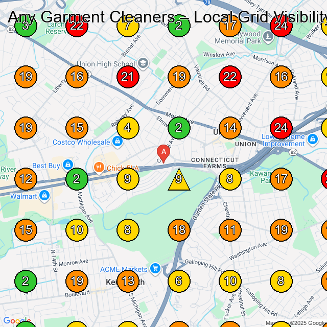 Any Garment Cleaners Dry Cleaner GeoGrid ranking map for Union NJ
